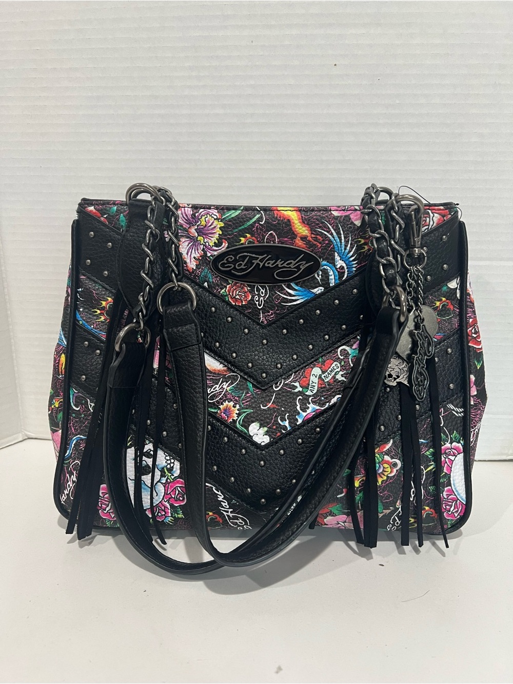 Ed Hardy Tattoo Print Fringed Shoulder Bag/Satchel NEW!